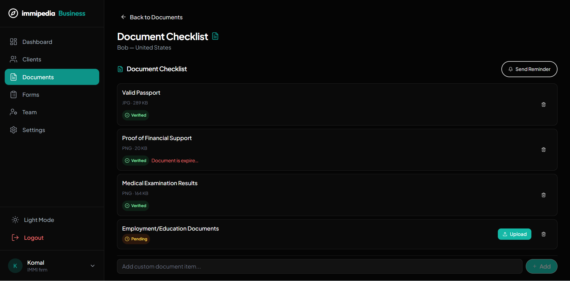Document checklist — manage required documents per client