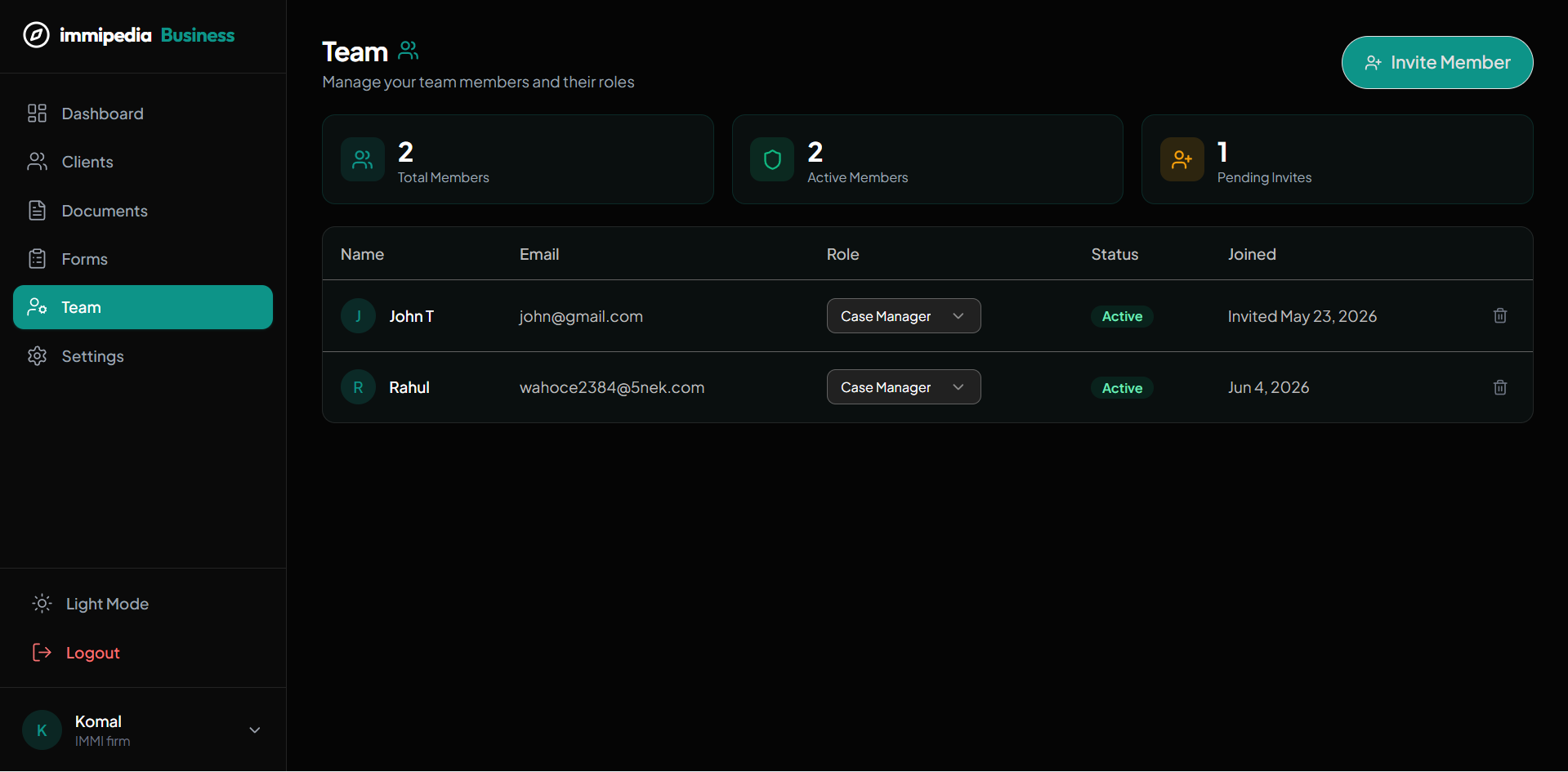 Team management — members, roles, and invite functionality